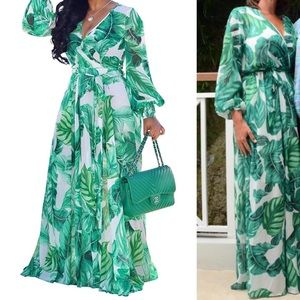 NEW! Palm banana leaf green maxi dress size L